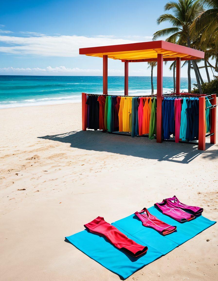 A split scene featuring a vibrant beach on one side with colorful swimwear laid out on sand, ocean waves in the background, and the other side showcasing a modern gym environment with stylish workout gear hanging on racks. Include models showcasing the swim and workout styles, expressing energy and confidence. Bright and lively colors to emphasize the transition from relaxing beach vibes to dynamic gym atmosphere. super-realistic. vibrant colors.