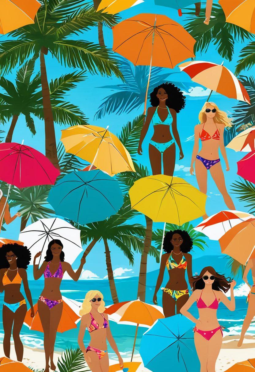 A vibrant beach scene filled with diverse individuals wearing the latest bikini and activewear styles of 2023. Sunny skies, palm trees swaying, and colorful beach umbrellas create a lively atmosphere. Include close-ups of trendy patterns and fabrics, capturing the essence of summer fun. Energetic poses and joyful expressions convey the spirit of summer adventure. digital painting. vibrant colors. sunny tropical background.
